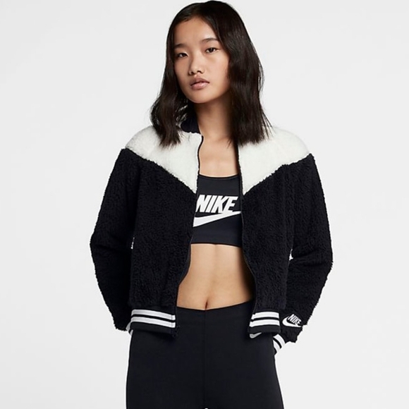 Nike NSW Wolf Sherpa Bomber Jacket Black and White Women M - Picture 7 of 9
